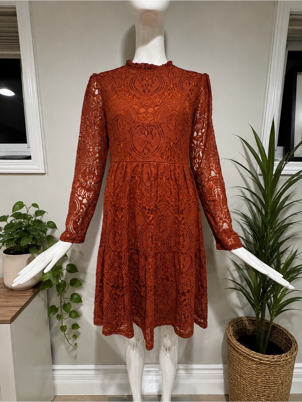 Molly Bracken Rust Lace Dress Long Sleeve Boho Prairie Size M